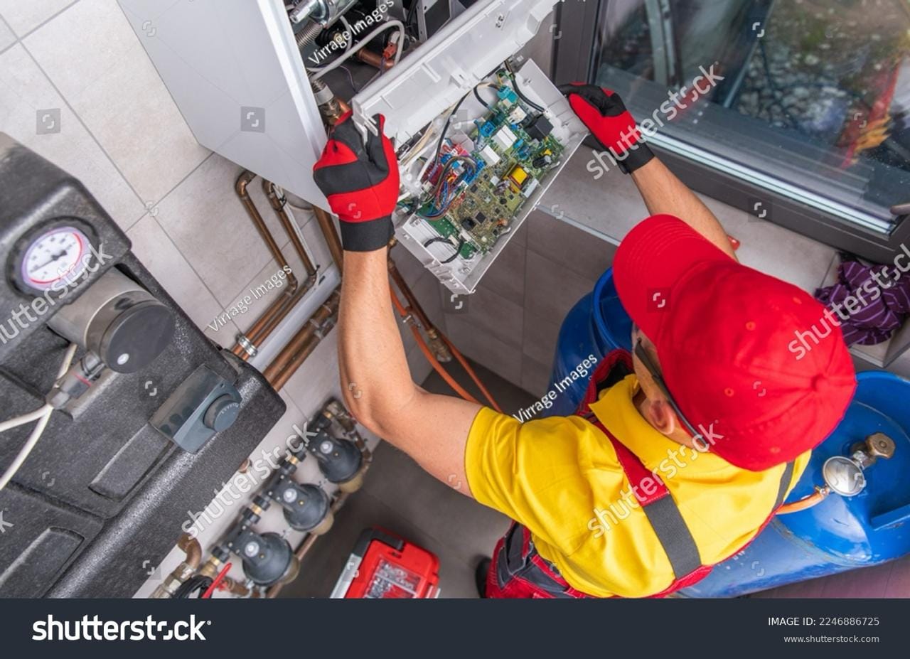 Technicien réparant une chaudière gaz murale